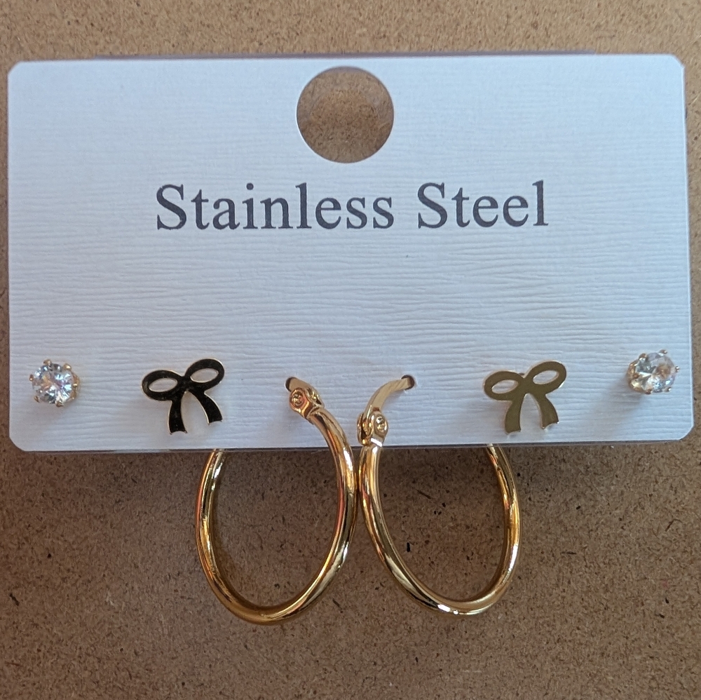 Stainless Steel Gold Bow Hoop Earrings with Crystal Studs Set